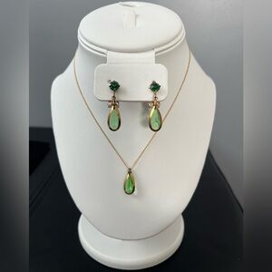 Vintage Gold Filled Chain with Green Stone Pendant & Matching Earrings